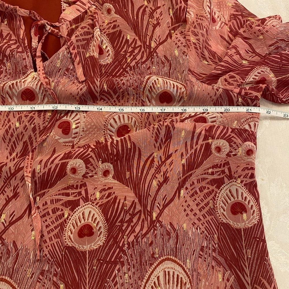 Talbots Women Pink Peacock Feathers Top Ruffle Blouse Size L - Picture 12 of 14